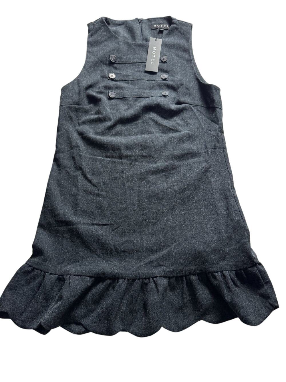 Motel Rocks Saraya Dress Grey Blue Tailored Sleeveless Ruffle Hem Pinafore Size